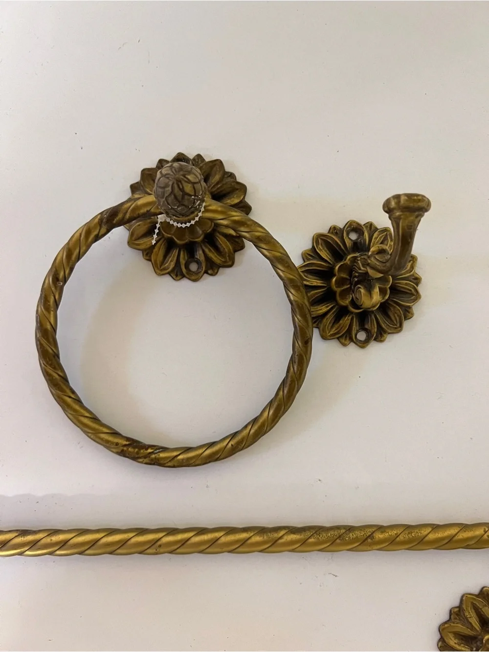 Vintage Italian Brass Finish Towel Ring and Bar Wall Set - Gold
